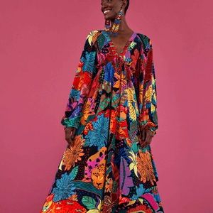 Farm Rio Black Cool Leopards V neck maxi dress